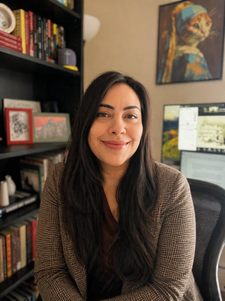 woman with long dark hair in a gray sweater in front of a bookshelf
